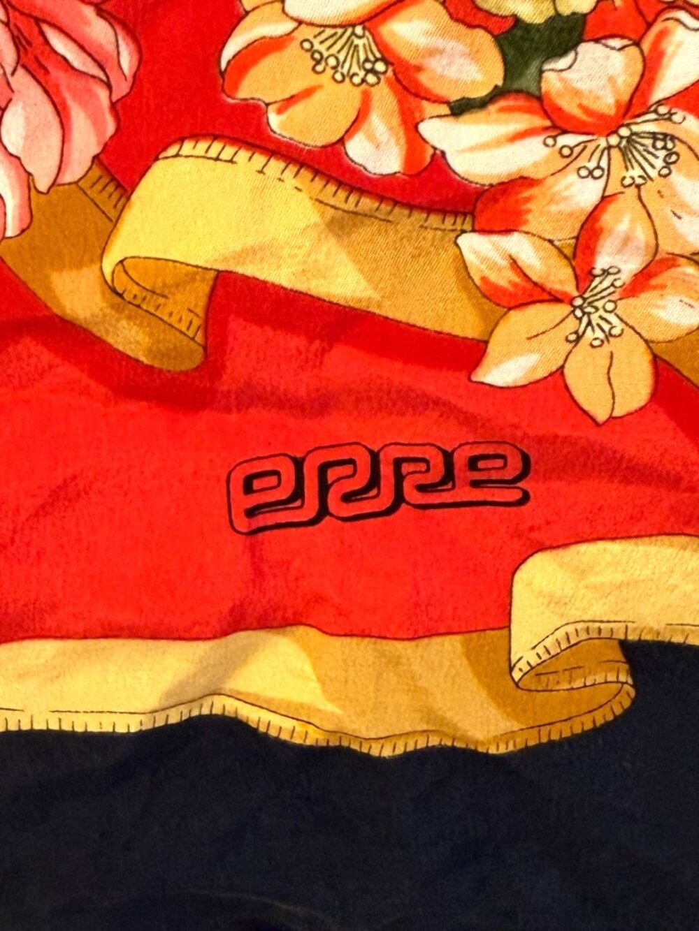 VINTAGE ERRE RED GOLD RIBBON MOTIF FLORAL HAND ROLLED SQUARE SILK SCARF ITALY